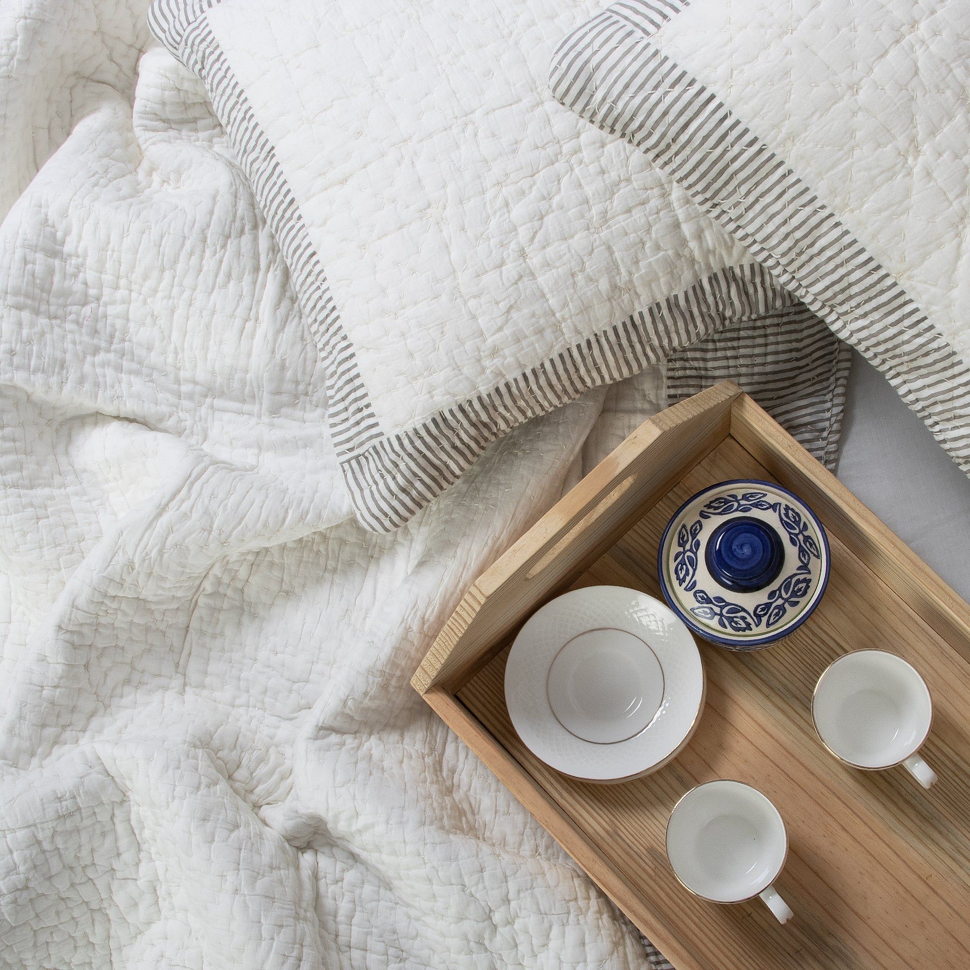 Pure White Cotton Kantha Quilt - Best Blanket For Winter